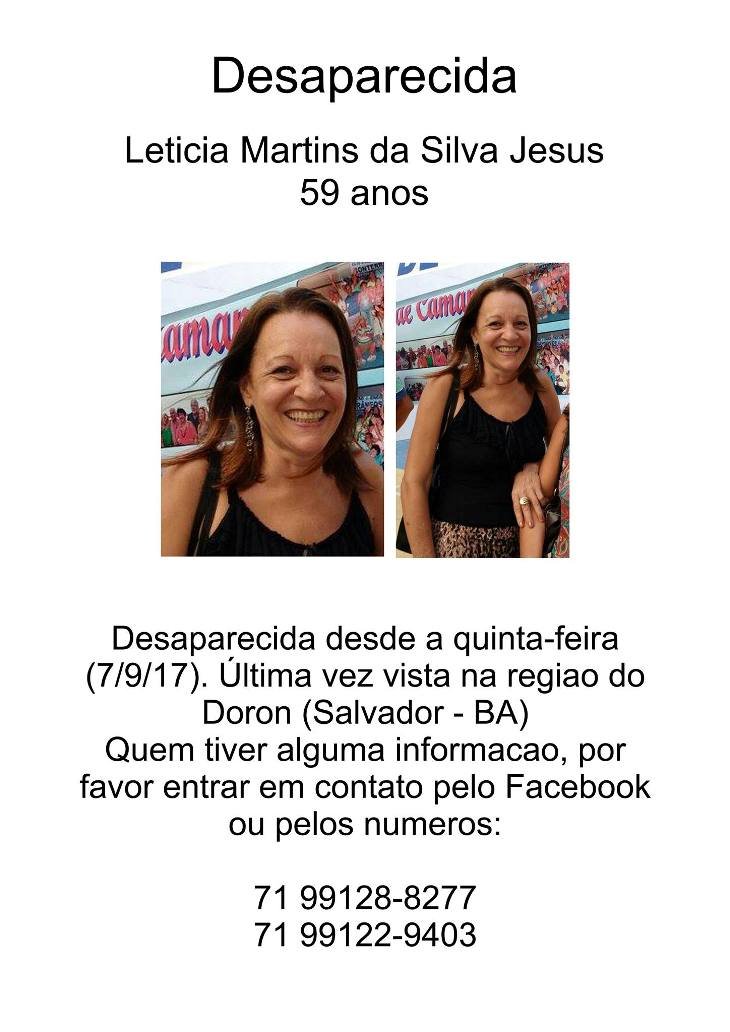 LetA�cia Martins da Silva Jesus, de 59 anos, estA? desaparecida desde a A?ltima quinta-feira (7) (Foto: DivulgaA�A?o)