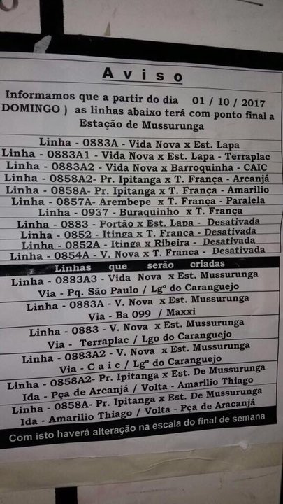 MudanA�a nas linhas de A?nibus que fazem o trajeto entre Lauro de Freitas e a Avenida Paralela (Foto: DivulgaA�A?o)