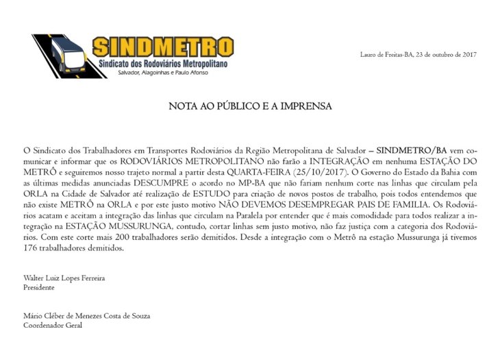 Nota divulgada pelo Sindicato dos RodoviA?rios