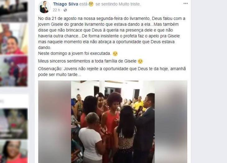Pastor fez post no Facebook falando sobre morte de adolescente em SimA�es Filho (Foto: ReproduA�A?o/Facebook)