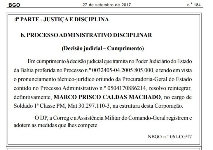 Boletim geral da PM divulgou a reintegraA�A?o do Soldado Prisco