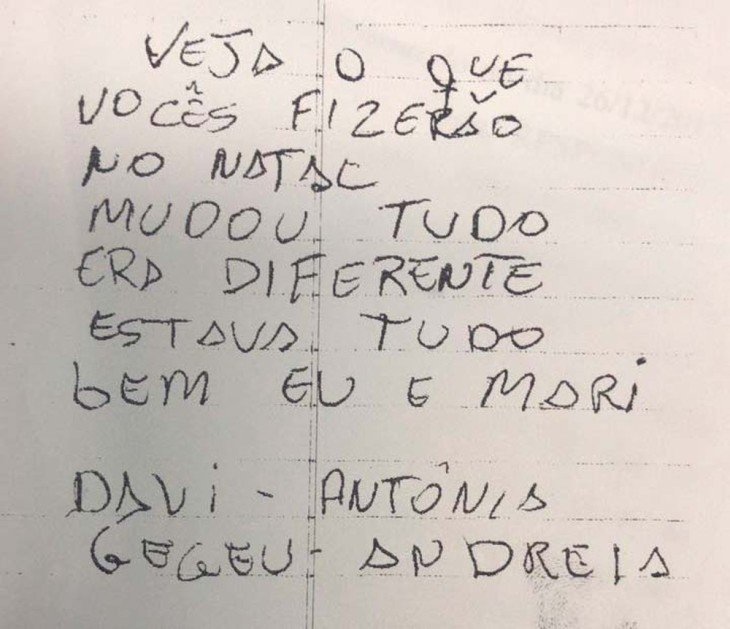 Bilhete que foi encontrado com o suspeito  (Foto: DivulgaA�A?o/PolA�cia Civil)