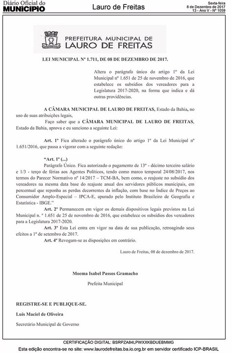 Lei definiu o pagamento de 13A? salA?rio aos vereadores de Lauro de Freitas (Foto: DivulgaA�A?o)
