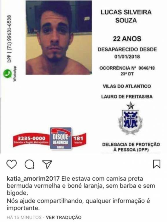 Lucas desapareceu na A?ltima segunda-feira (Foto: DivulgaA�A?o)